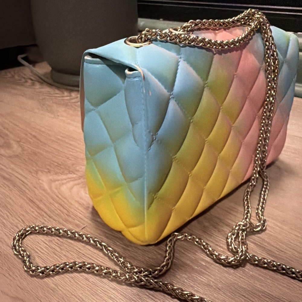 Quilted Rainbow Jelly Silicone Rainbow Purse Silver Chain Hardware - Picture 7 of 11